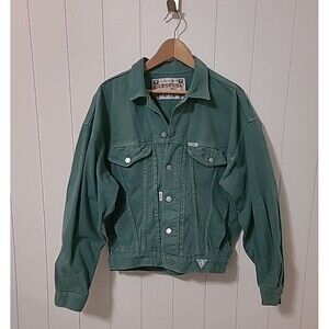 Vintage Guess Denim Jean Jacket Mens Medium Logo Green Button Up Made In USA